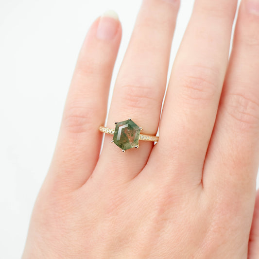 Imani Ring with a ~2.30 Carat Elongated Hexagon Moss Agate and White Accent Diamonds in 14k Yellow Gold - Ready to Size and Ship