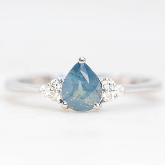 Imogene Ring with a 0.77 Carat Opalescent Blue Pear Sapphire and White Accent Diamonds in 14k White Gold - Ready to Size and Ship