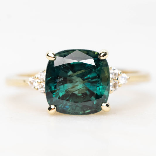 Imogene Ring with a 4.18 Carat Cushion Cut Teal Sapphire and White Accent Diamonds in 14k Yellow Gold - Ready to Size and Ship