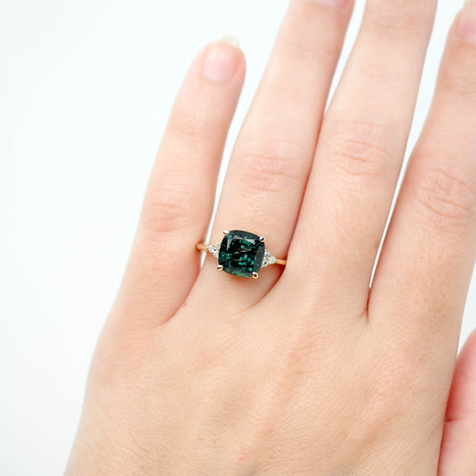 Imogene Ring with a 4.18 Carat Cushion Cut Teal Sapphire and White Accent Diamonds in 14k Yellow Gold - Ready to Size and Ship