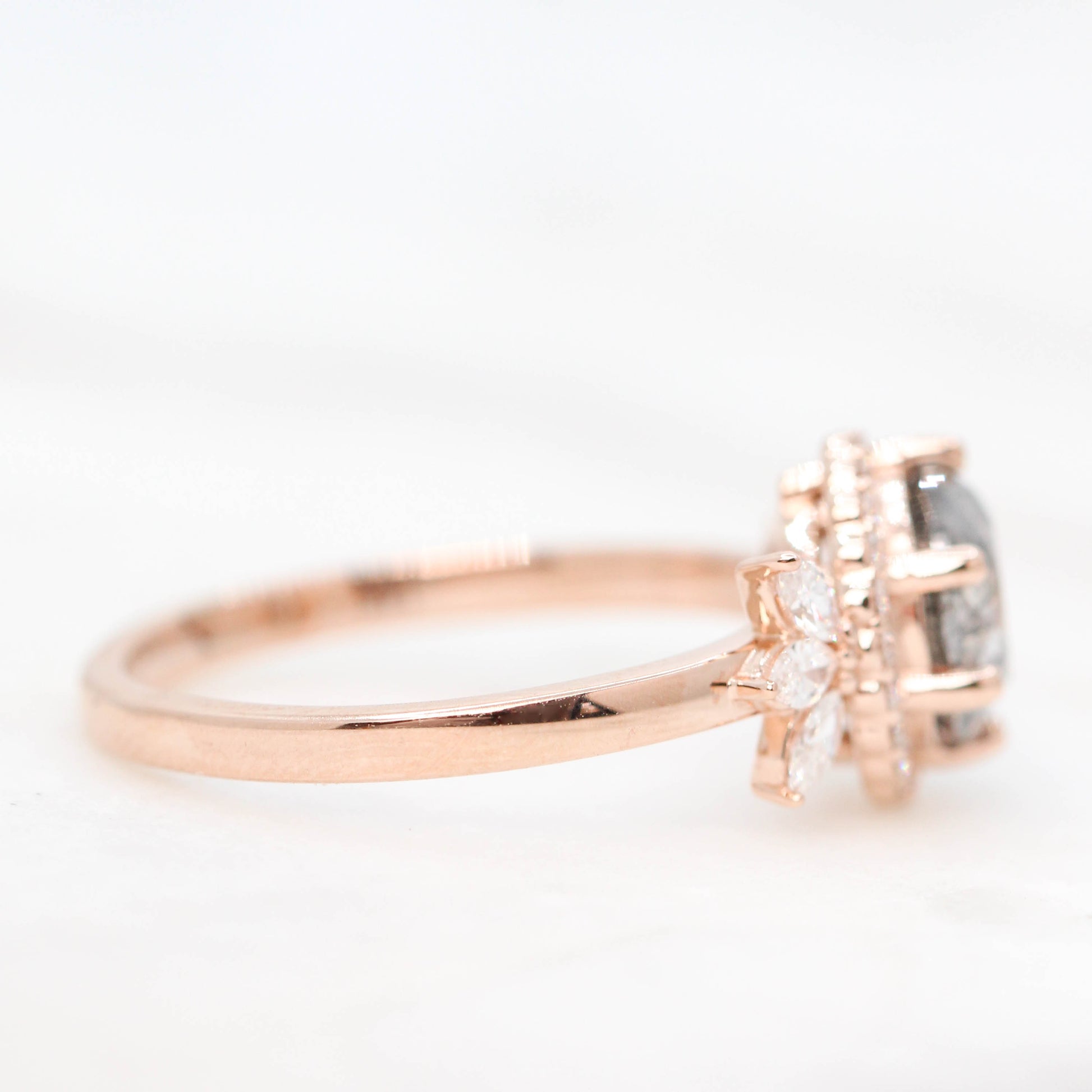 Lia Ring with a 1.58 Carat Gray Celestial Round Diamond and White Accent Diamonds in 14k Rose Gold - Ready to Size and Ship - Midwinter Co. Alternative Bridal Rings and Modern Fine Jewelry