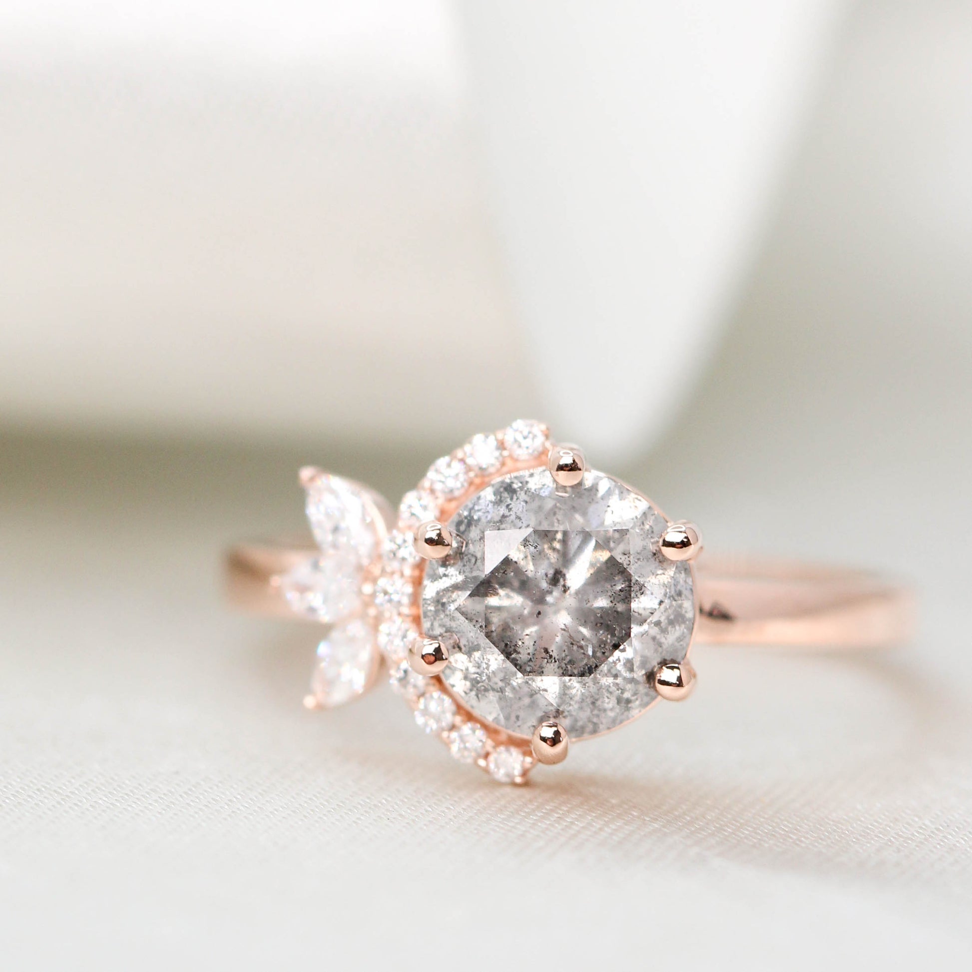 Lia Ring with a 1.58 Carat Gray Celestial Round Diamond and White Accent Diamonds in 14k Rose Gold - Ready to Size and Ship - Midwinter Co. Alternative Bridal Rings and Modern Fine Jewelry