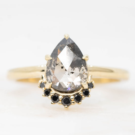 Lonnie Ring with a 1.64 Carat Dark and Clear Pear Diamond and Black Accent Diamonds in 14k Yellow Gold - Ready to Size and Ship