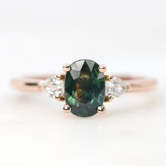 Faye Ring with a 1.25 Carat Australian Oval Teal Sapphire and White Accents Diamonds in 14k Rose Gold - Ready to Size and Ship