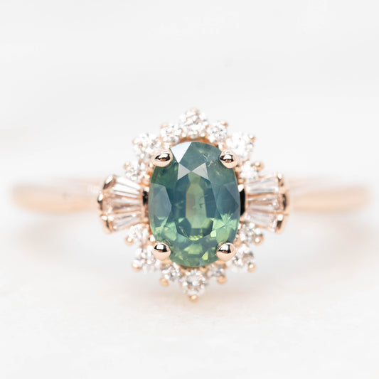 Meghan Ring with a 1.06 Carat Teal Green Oval Sapphire and White Accent Diamonds in 14k Rose Gold - Ready to Size and Ship