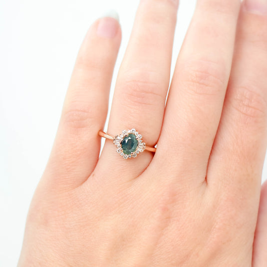 Meghan Ring with a 1.06 Carat Teal Green Oval Sapphire and White Accent Diamonds in 14k Rose Gold - Ready to Size and Ship