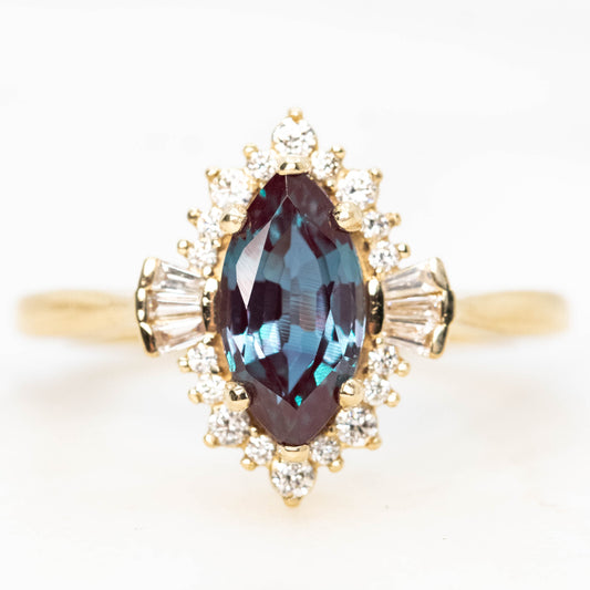 Meghan Ring with a 1.40 Carat Lab Grown Marquise Alexandrite and White Accent Diamonds in 14k Yellow Gold - Ready to Size and Ship