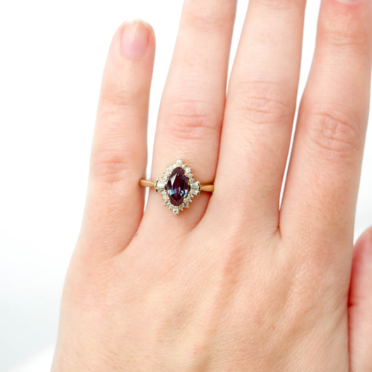 Meghan Ring with a 1.40 Carat Lab Grown Marquise Alexandrite and White Accent Diamonds in 14k Yellow Gold - Ready to Size and Ship