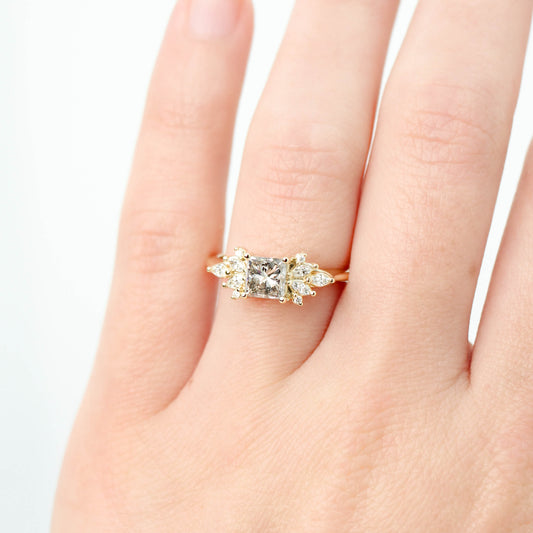 Odette Ring with a 1.15 Princess Cut Salt and Pepper Diamond and White Accent Diamonds in 14k Yellow Gold - Ready to Size and Ship