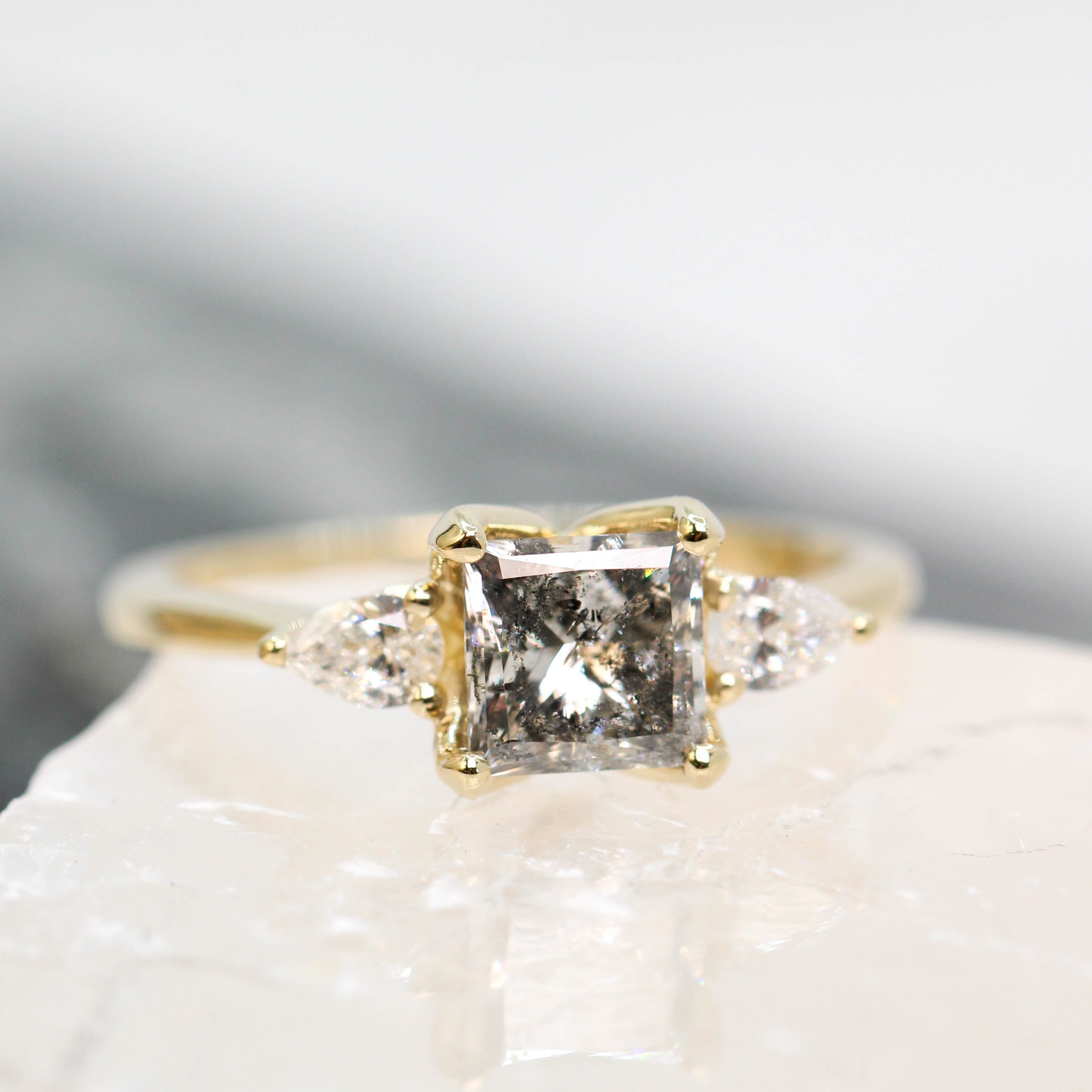 Oleander Ring with a 1.35 Carat Gray Celestial Princess Cut Diamond and  White Accent Diamonds in 14k Yellow Gold - Ready to Size and Ship