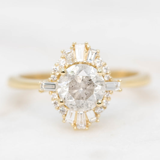 Ophelia Ring with a 1.20 Carat Round Light Gray Salt and Pepper Diamond and White Diamond Accents in 14k Yellow Gold - Ready to Size and Ship