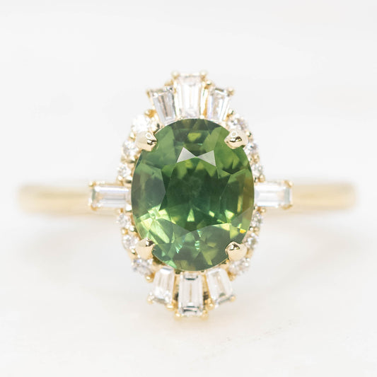 Ophelia Ring with a 2.06 Carat Oval Australian Green Sapphire and White Accent Diamonds in 14k Yellow Gold - Ready to Size and Ship