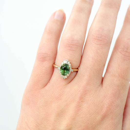 Ophelia Ring with a 2.06 Carat Oval Australian Green Sapphire and White Accent Diamonds in 14k Yellow Gold - Ready to Size and Ship