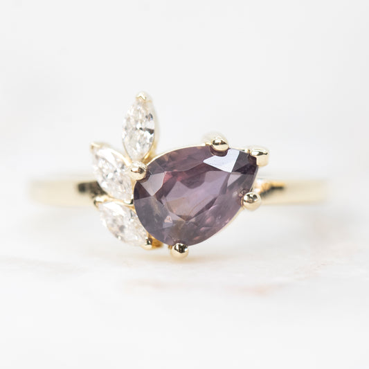 Alyssa Ring with a 1.5 Carat Berry Pear Sapphire and White Accent Diamonds in 14k Yellow Gold - Ready to Size and Ship