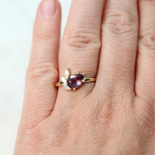 Alyssa Ring with a 1.5 Carat Berry Pear Sapphire and White Accent Diamonds in 14k Yellow Gold - Ready to Size and Ship