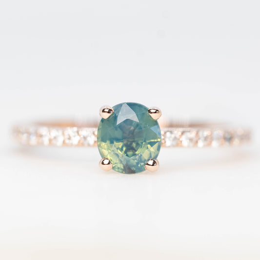 Gayle Ring with a 0.93 Carat Opalescent Teal Oval Sapphire and White Accent Diamonds in 14k Rose Gold - Ready to Size and Ship