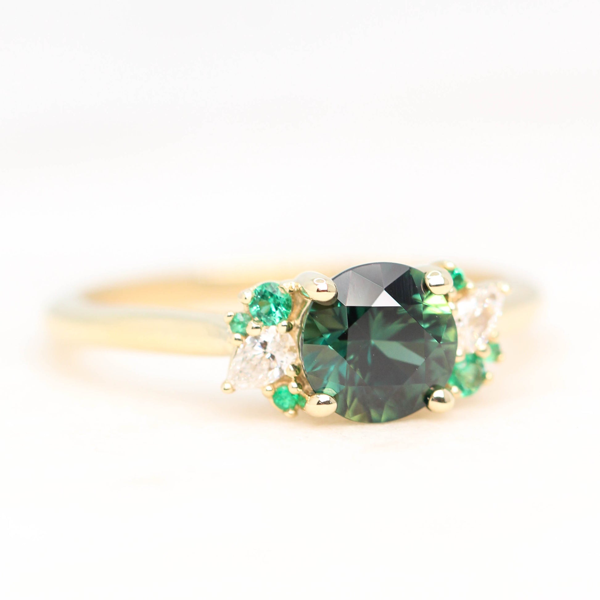 Sable Ring with a 1.30 Carat Round Sapphire and Emerald and Diamond Accents in 14k Yellow Gold - Ready to Size and Ship - Midwinter Co. Alternative Bridal Rings and Modern Fine Jewelry