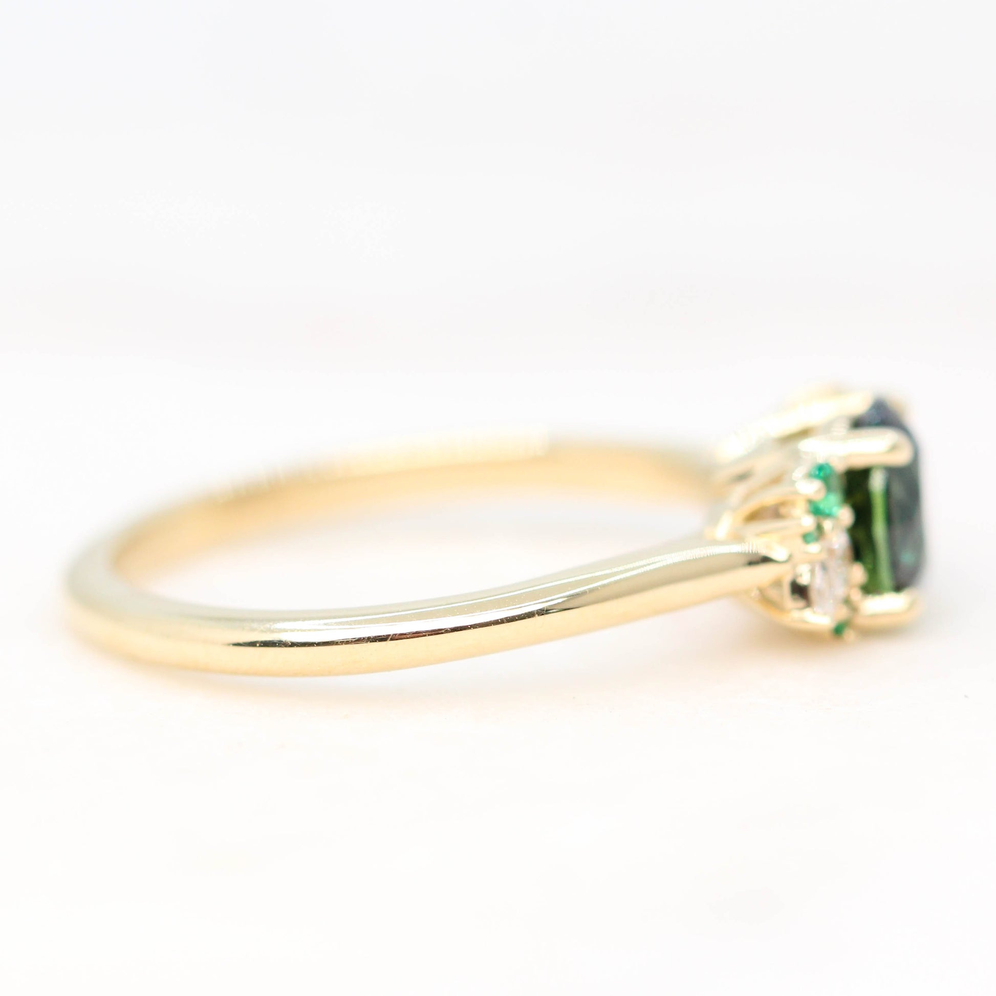 Sable Ring with a 1.30 Carat Round Sapphire and Emerald and Diamond Accents in 14k Yellow Gold - Ready to Size and Ship - Midwinter Co. Alternative Bridal Rings and Modern Fine Jewelry