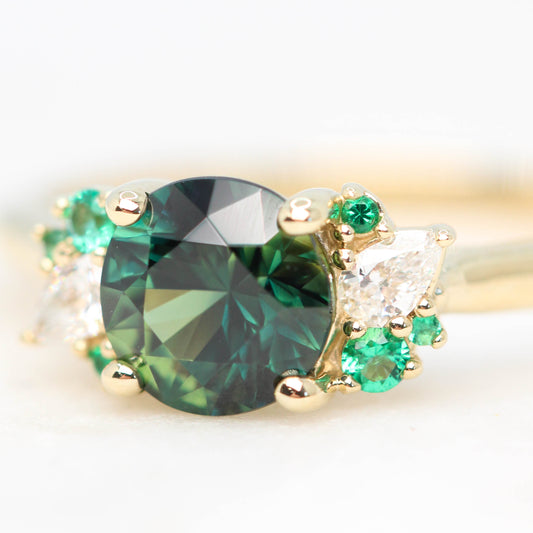 Sable Ring with a 1.30 Carat Round Sapphire and Emerald and Diamond Accents in 14k Yellow Gold - Ready to Size and Ship - Midwinter Co. Alternative Bridal Rings and Modern Fine Jewelry