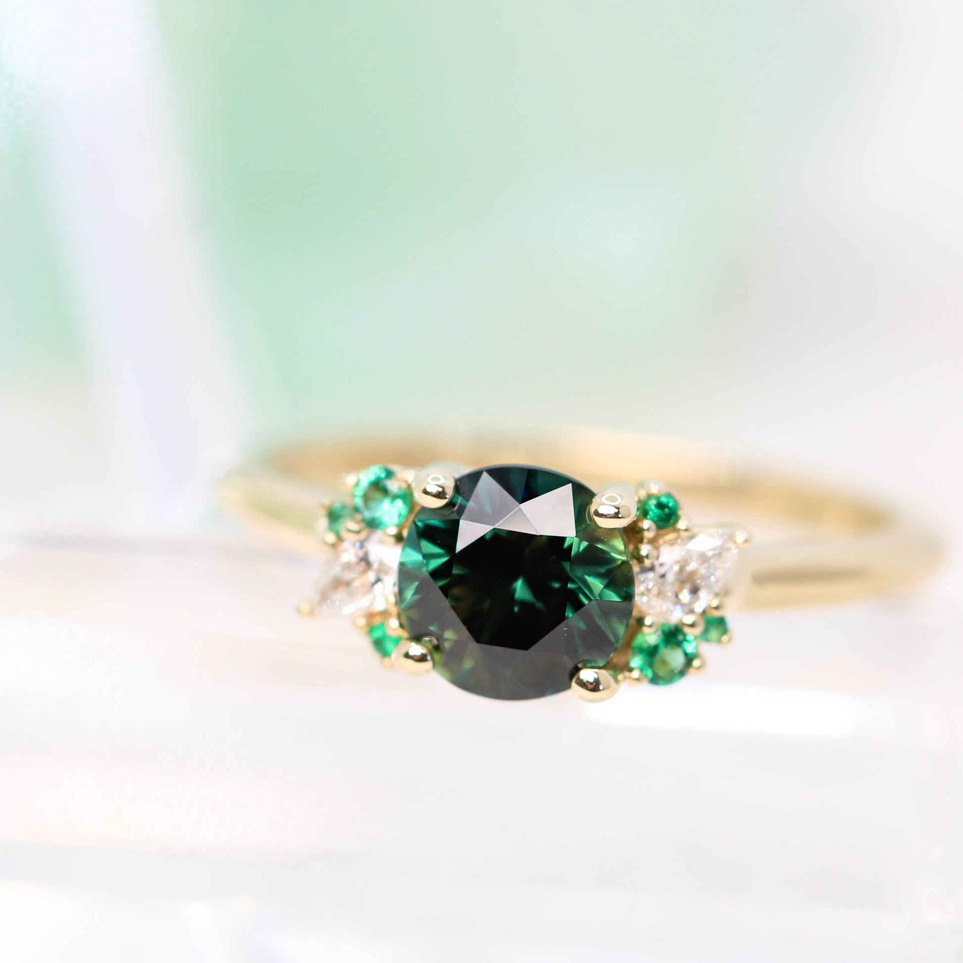 Sable Ring with a 1.30 Carat Round Sapphire and Emerald and Diamond Accents in 14k Yellow Gold - Ready to Size and Ship - Midwinter Co. Alternative Bridal Rings and Modern Fine Jewelry