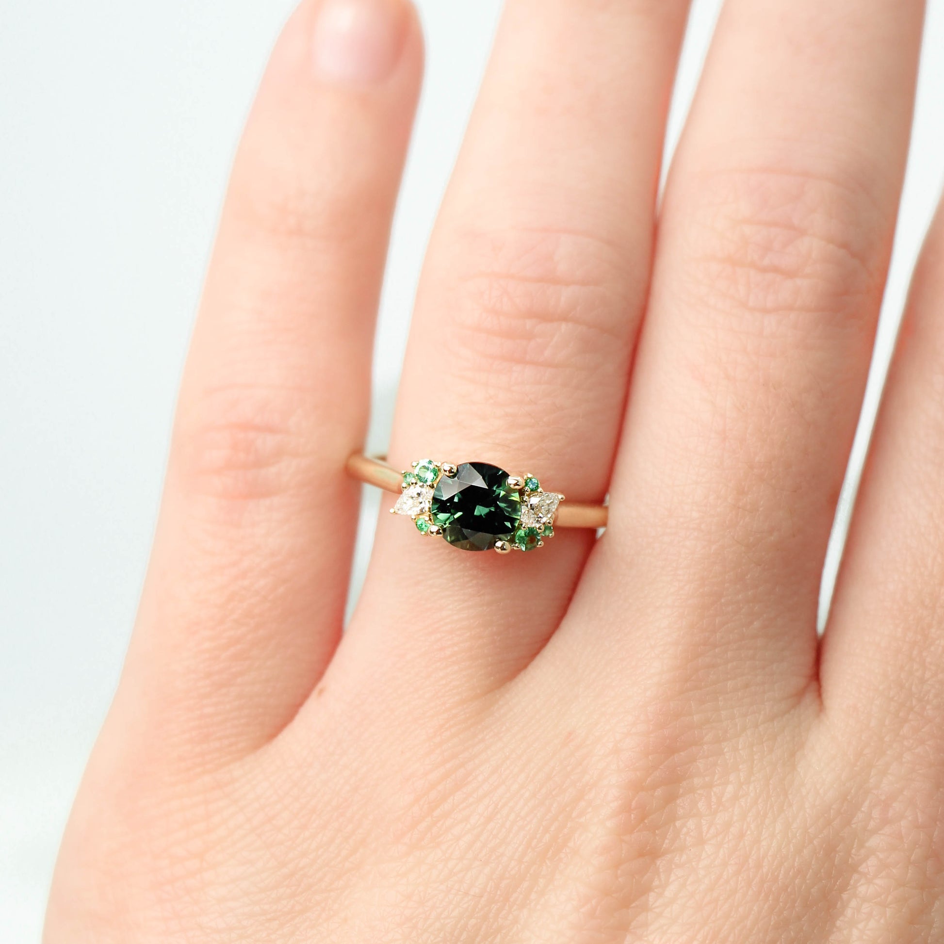 Sable Ring with a 1.30 Carat Round Sapphire and Emerald and Diamond Accents in 14k Yellow Gold - Ready to Size and Ship - Midwinter Co. Alternative Bridal Rings and Modern Fine Jewelry