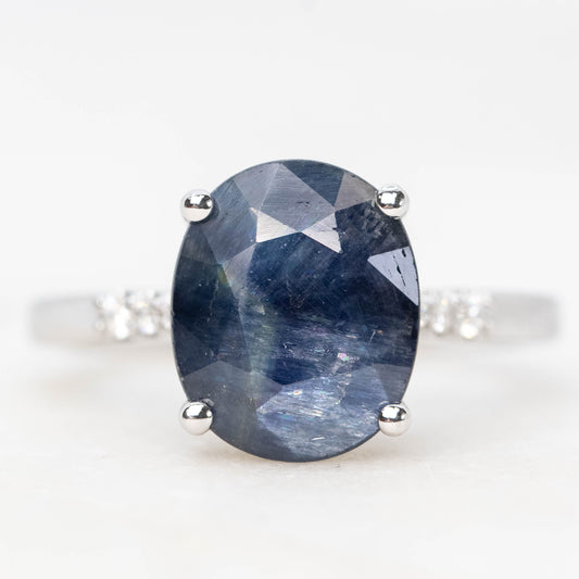 Sloan Ring with a 5.02 Carat Misty Blue Oval Sapphire and White Accent Diamonds in 14k White Gold - Ready to Size and Ship