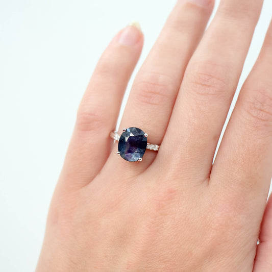 Sloan Ring with a 5.02 Carat Misty Blue Oval Sapphire and White Accent Diamonds in 14k White Gold - Ready to Size and Ship