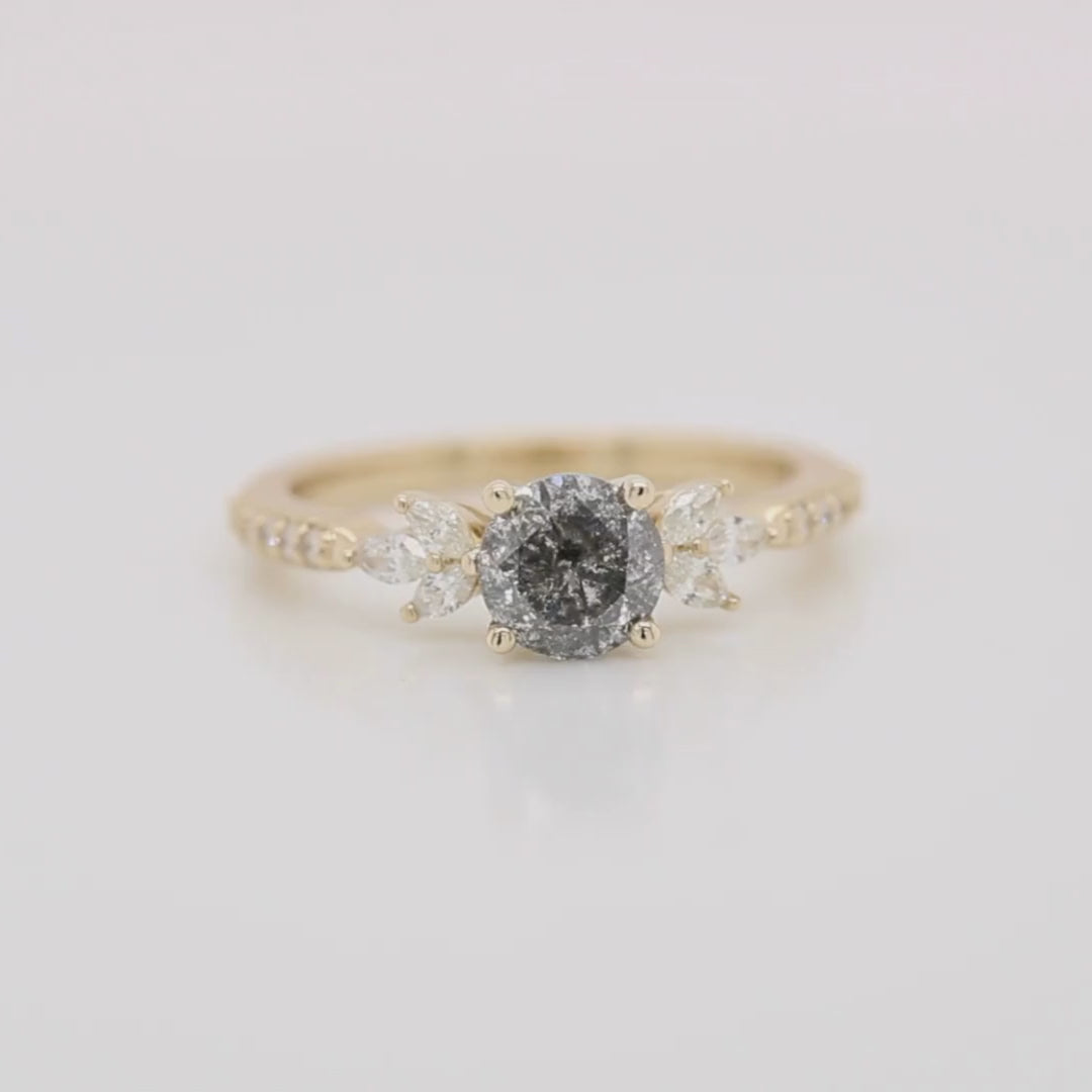 Project: Custom Betty Ring with a 1 Carat Round Dark Gray Salt and Pepper Celestial Diamond and White Accent Diamonds in 14k