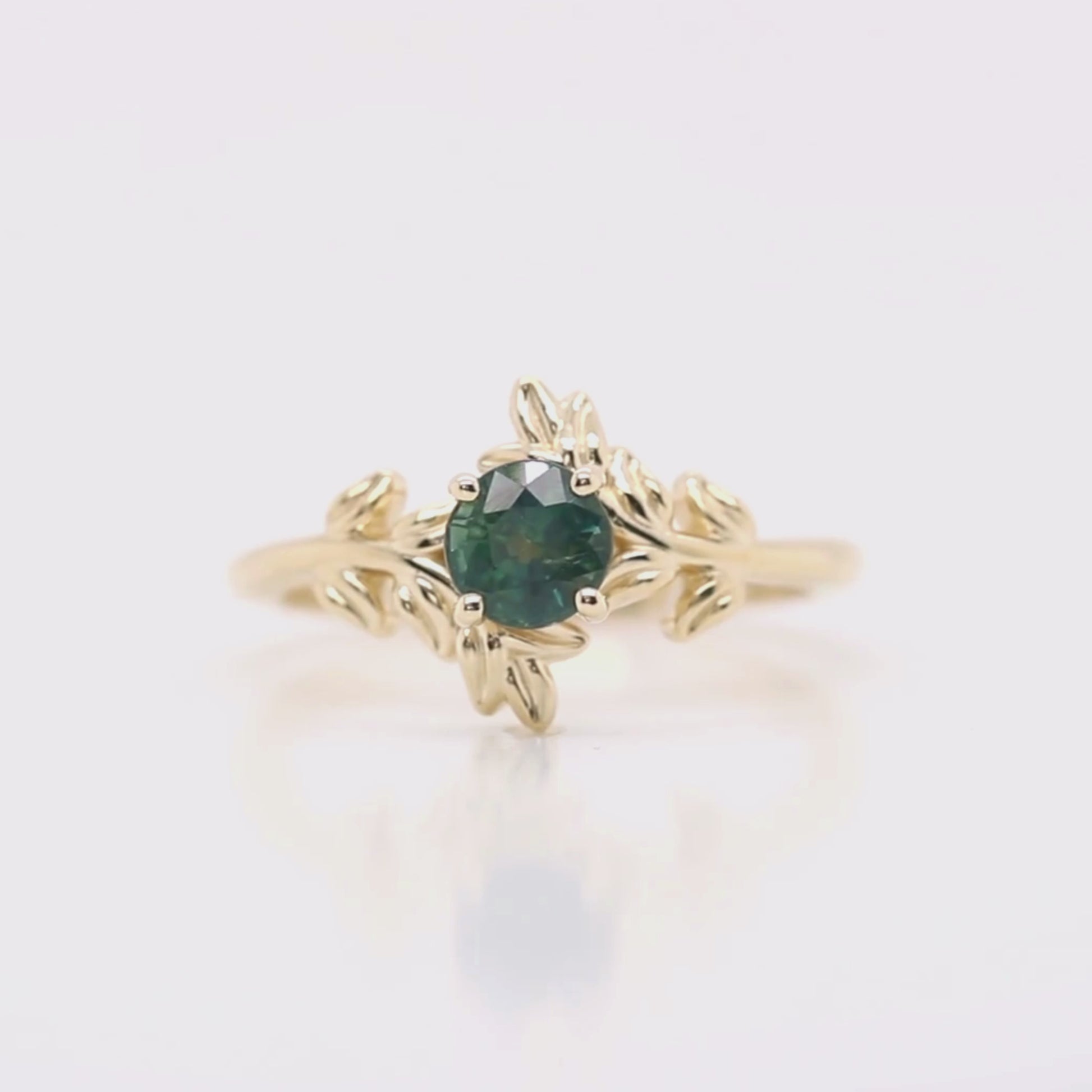 Project: Custom Sara Floral Leaf Branch Nature Ring with a 1 Carat Round Teal Green Sapphire in 14k Yellow Gold