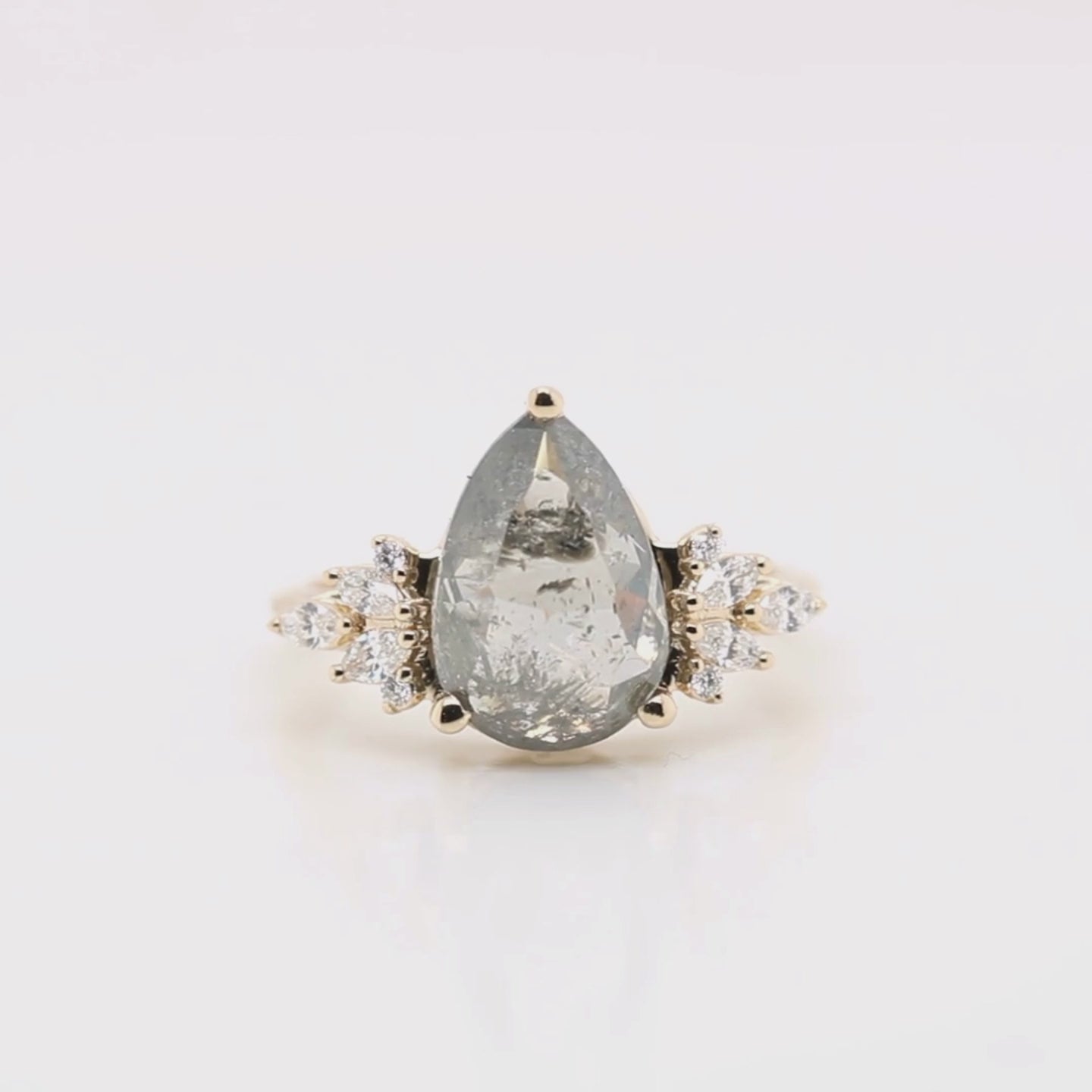 Project: Custom Odette Ring with a 3 Carat Dark and Clear Pear Salt and Pepper Diamond and White Accent Diamonds in 14k