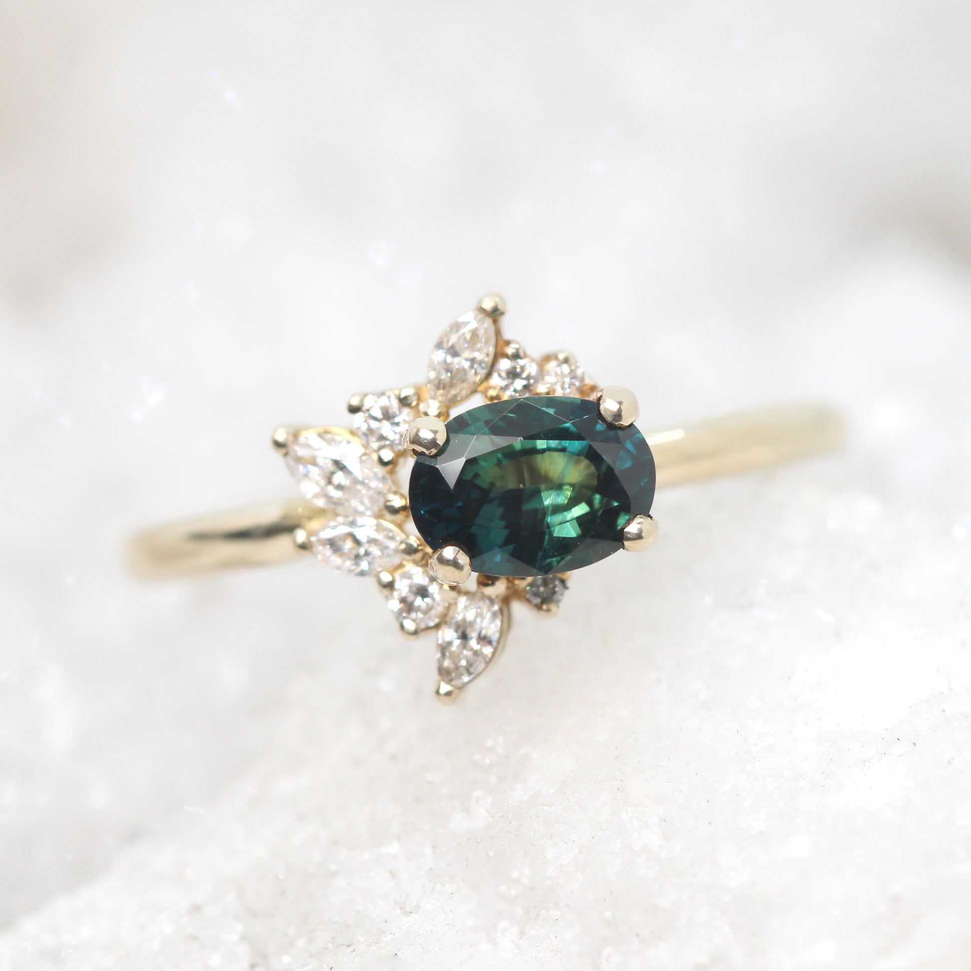 Amaya Ring with a 0.79 Carat Teal Oval Sapphire and White Accent Diamonds in 10k Yellow Gold - Ready to Size and Ship - Midwinter Co. Alternative Bridal Rings and Modern Fine Jewelry