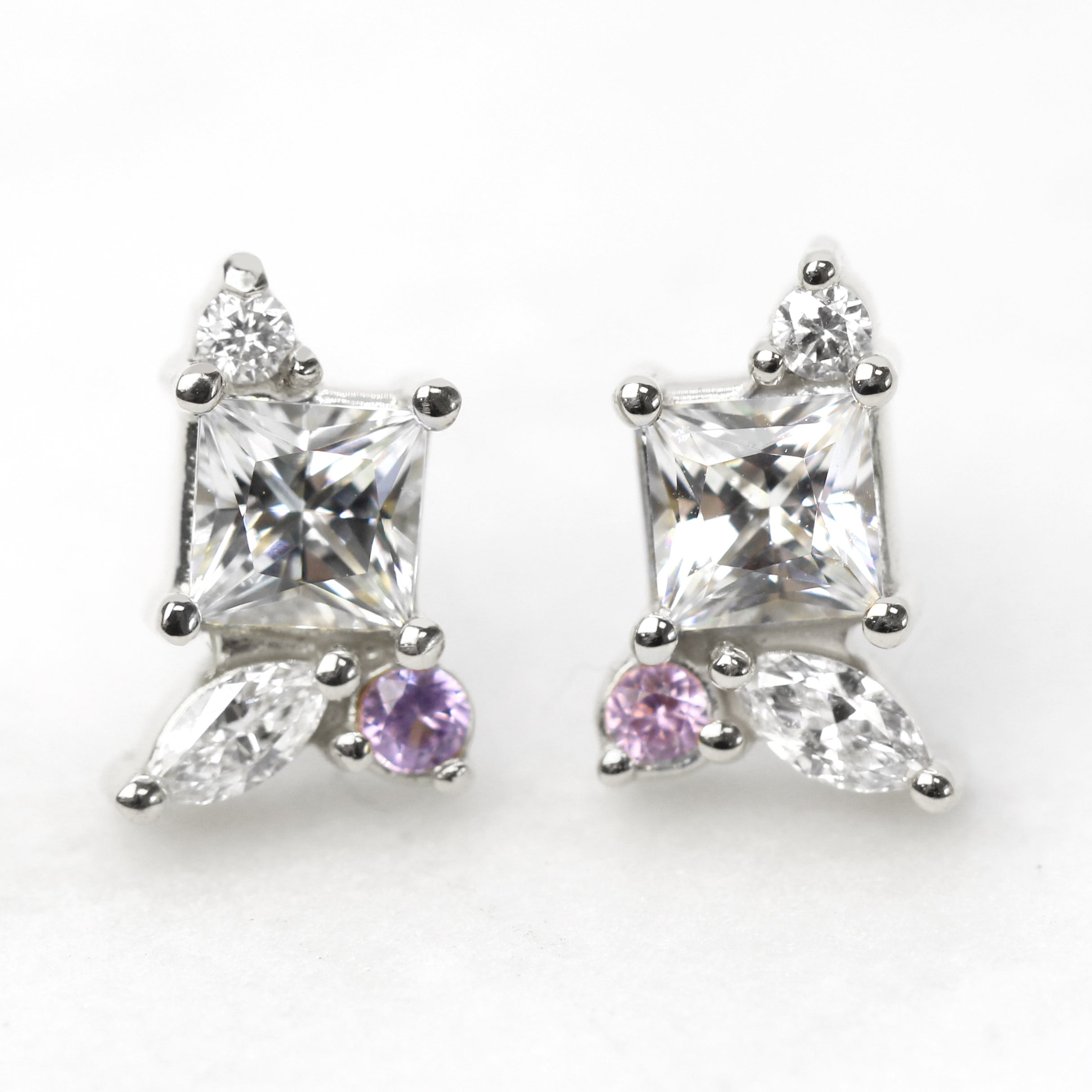 Princess Cut White Sapphire Cluster Earrings with Diamond & Pink