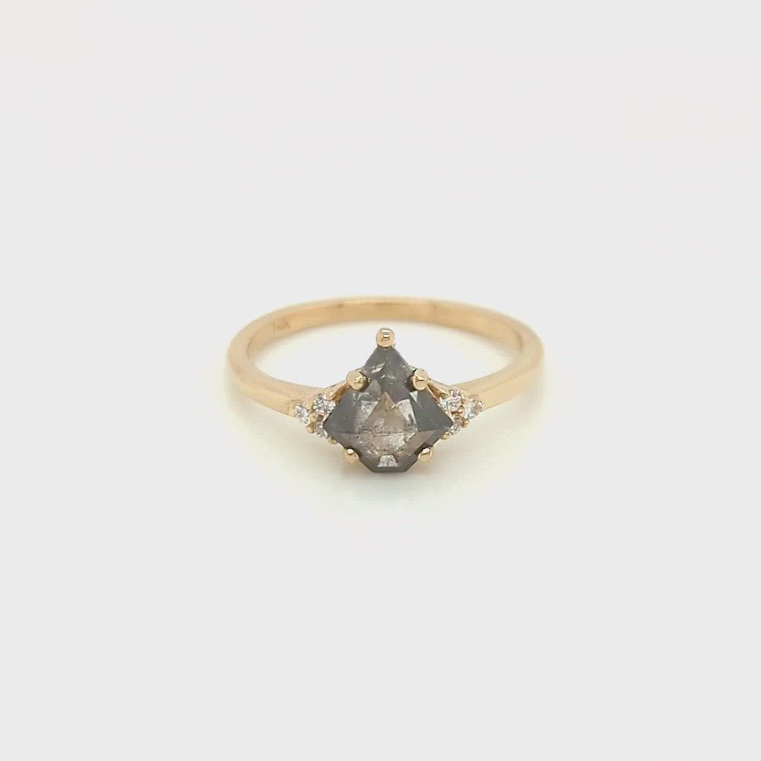 Project: Custom Imogene Ring with a 1 Carat Gray Celestial Salt and Pepper Kite Diamond and White Accent Diamonds in 14k