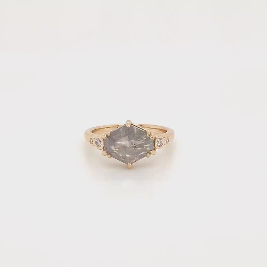 Project: Custom Joyce Ring with a 3.5 Carat Geometric Cut Salt and Pepper Gray Diamond and White Accent Diamonds in 14k