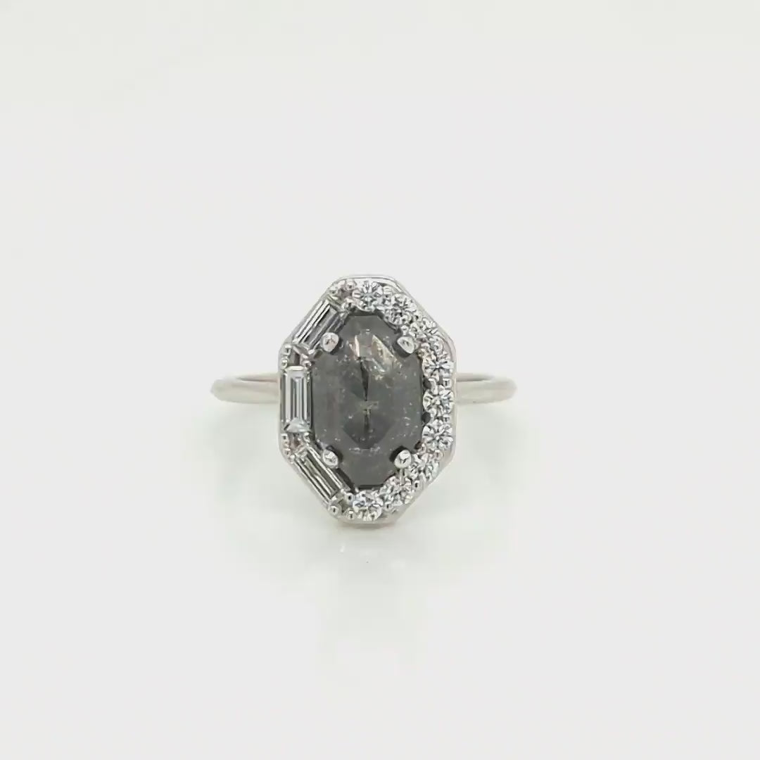 Project: Custom Collins Ring with a 2.5 Carat Black Salt and Pepper Octagon Diamond and White Accent Diamonds in 14k