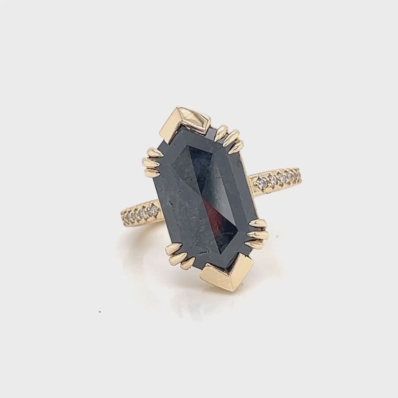 Project: Custom Ebony Ring with a 6 Carat Natural Black Hexagon Celestial Salt and Pepper Diamond and White Accent Diamonds in 14k