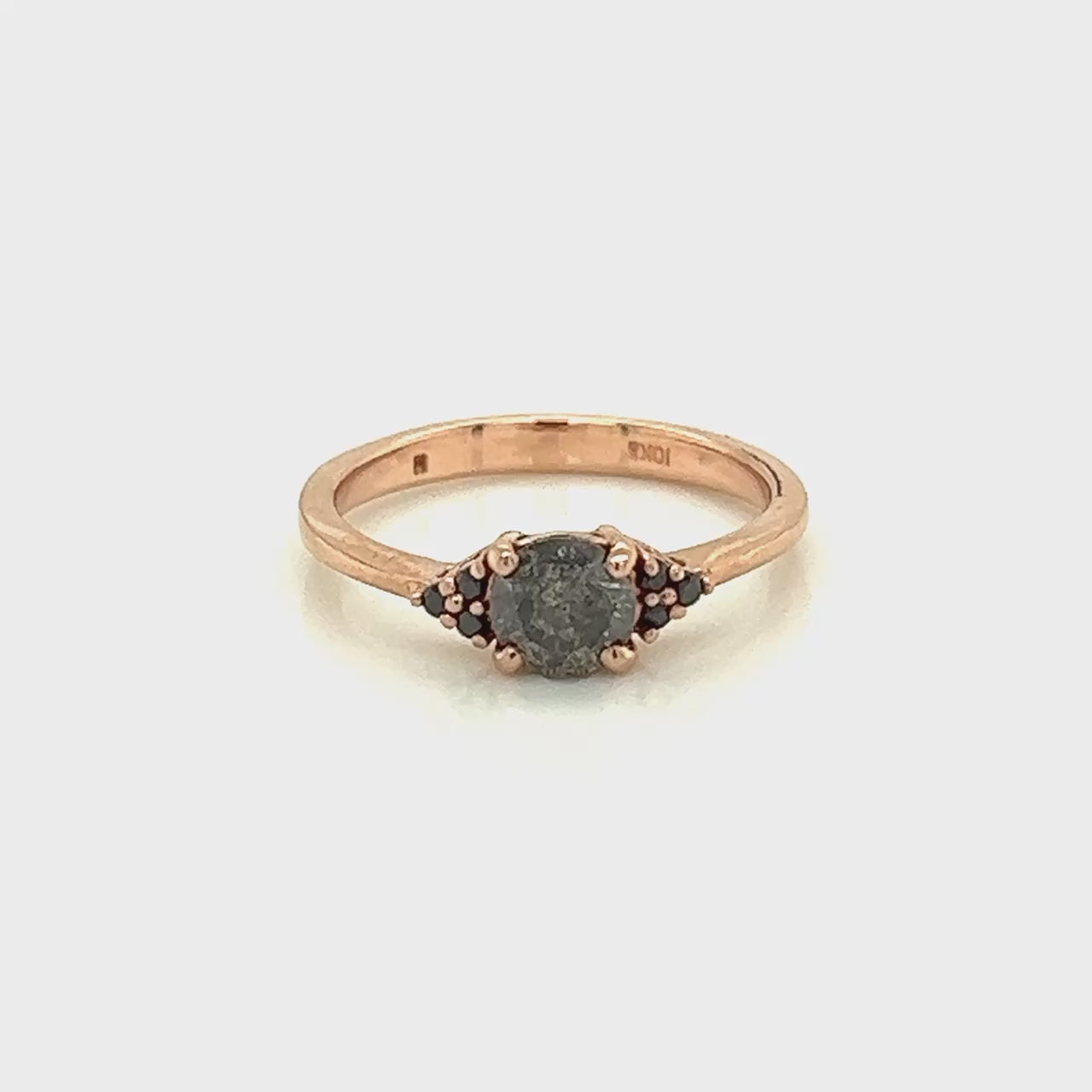 Project: Custom Imogene Ring with a .50 Carat Round Dark Clear Translucent Salt and Pepper Celestial Diamond and Black Accent Diamonds in 14k