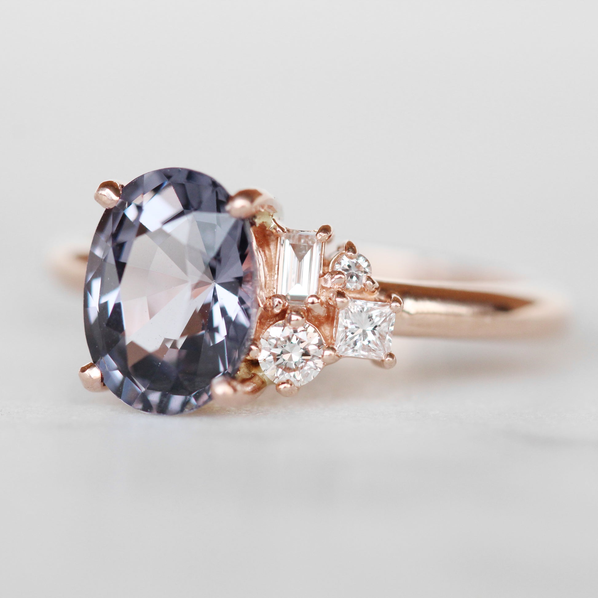 Abigail Ring with a 2.03 Carat Oval Sapphire and a Cluster Diamonds in 14k Rose Gold - Ready to Size and Ship - Midwinter Co. Alternative Bridal Rings and Modern Fine Jewelry