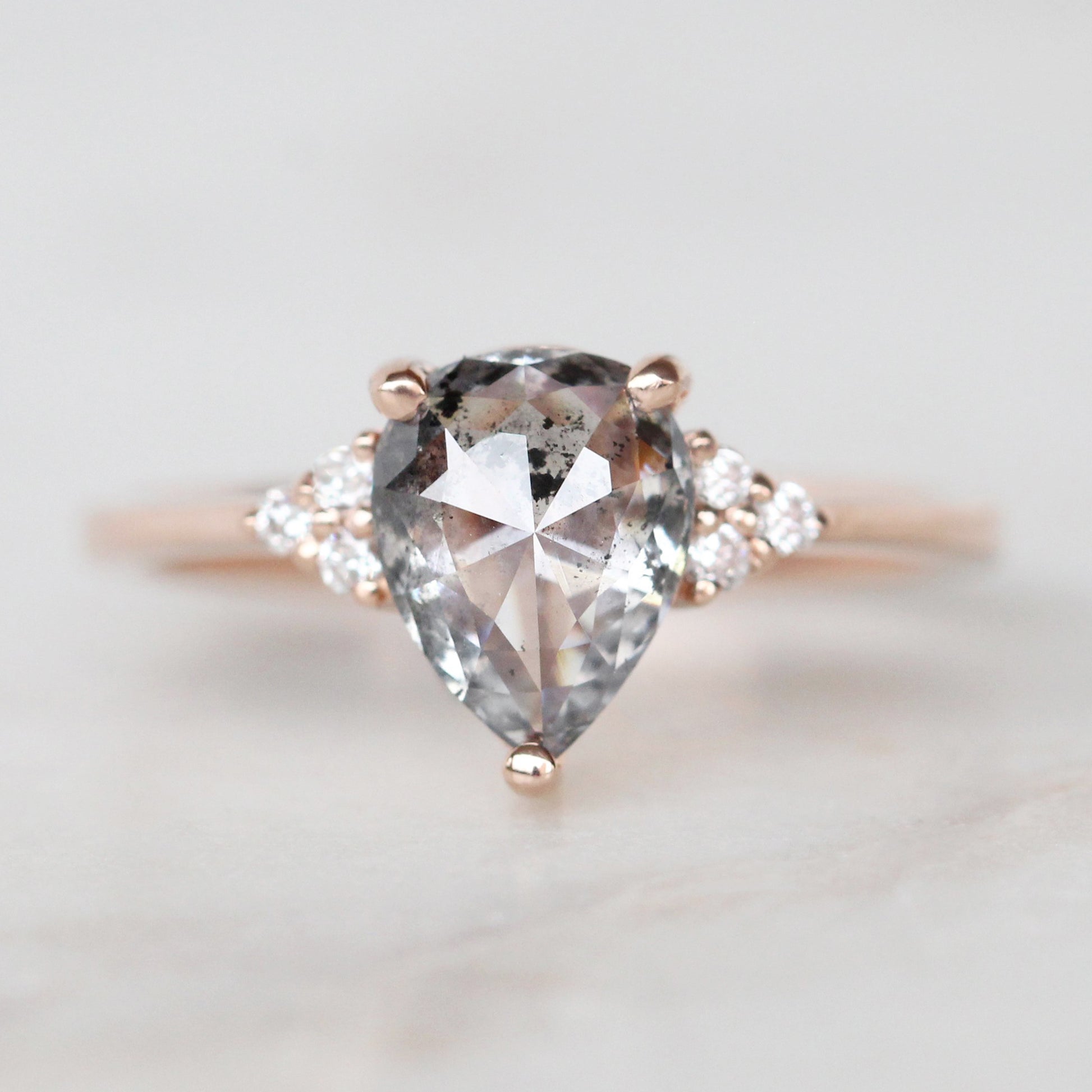 Imogene Ring with a 1.71 Carat Rose Cut Pear Celestial Diamond and Six White Diamond Accents in 14k Rose Gold - Ready to Size and Ship - Midwinter Co. Alternative Bridal Rings and Modern Fine Jewelry