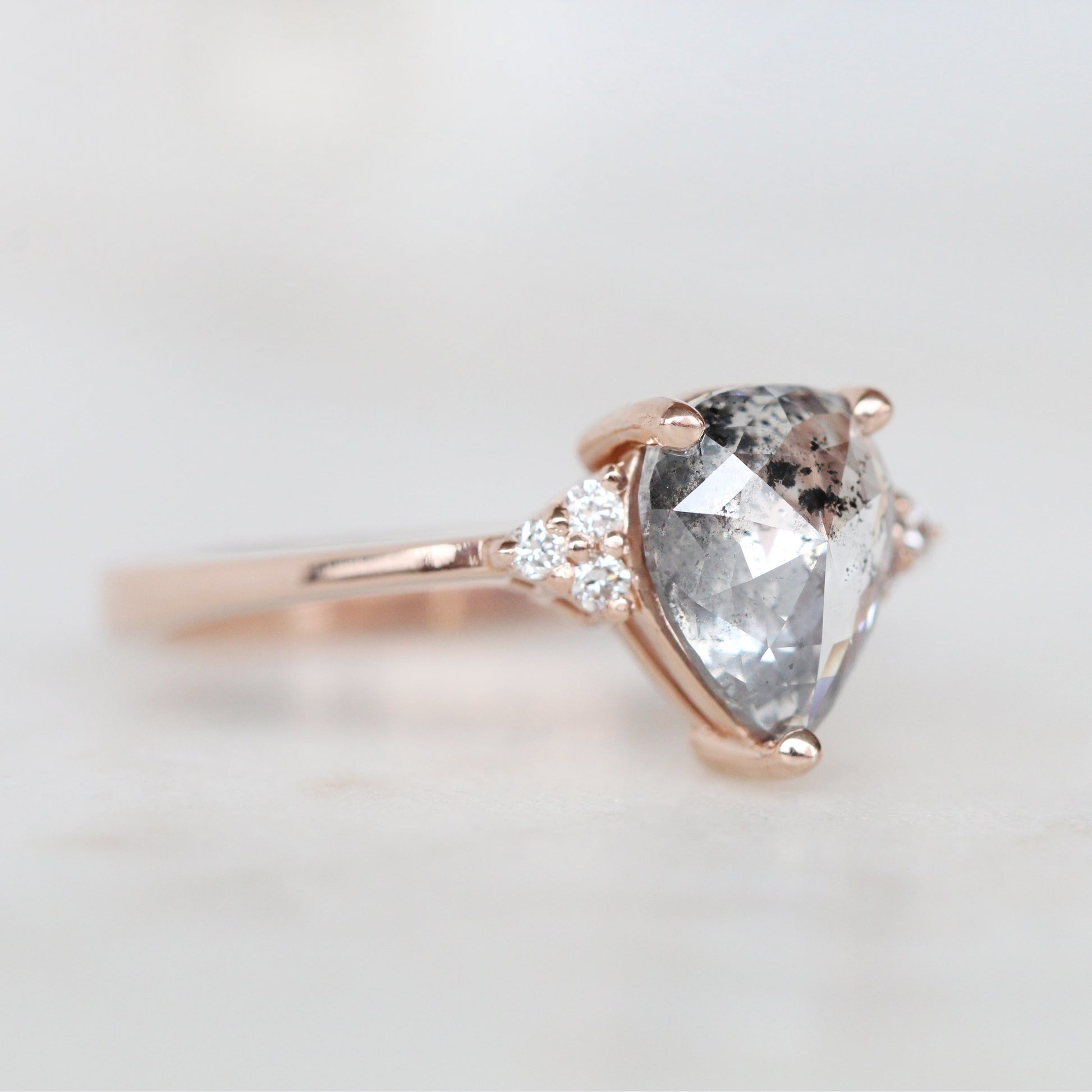 Imogene Ring with a 1.71 Carat Rose Cut Pear Celestial Diamond and Six White Diamond Accents in 14k Rose Gold - Ready to Size and Ship - Midwinter Co. Alternative Bridal Rings and Modern Fine Jewelry