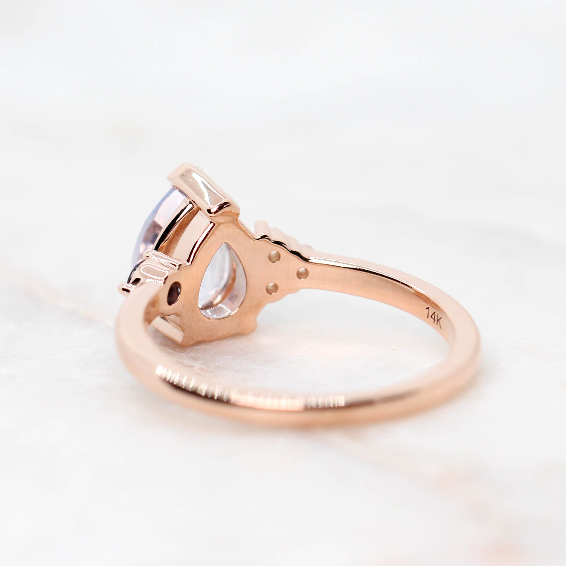 Fletcher Ring with a 1.87 Carat Blue Pear Sapphire and Accent Sapphires in 14k Rose Gold - Ready to Size and Ship - Midwinter Co. Alternative Bridal Rings and Modern Fine Jewelry