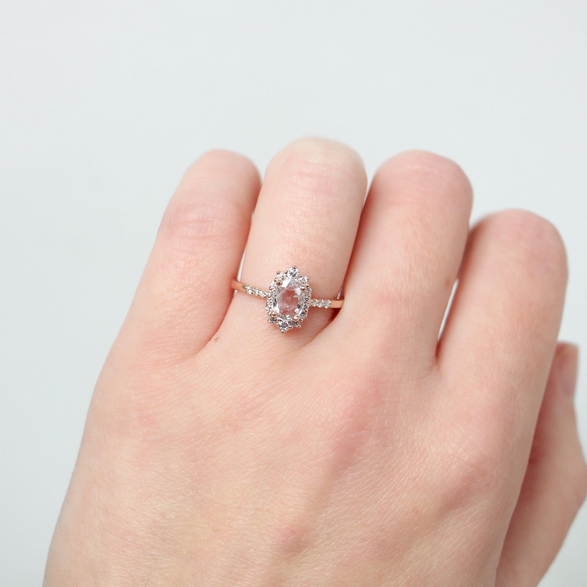 Grace Ring with a 1.15 Carat Clear Sapphire in 14k Rose Gold - Ready to Size and Ship - Midwinter Co. Alternative Bridal Rings and Modern Fine Jewelry