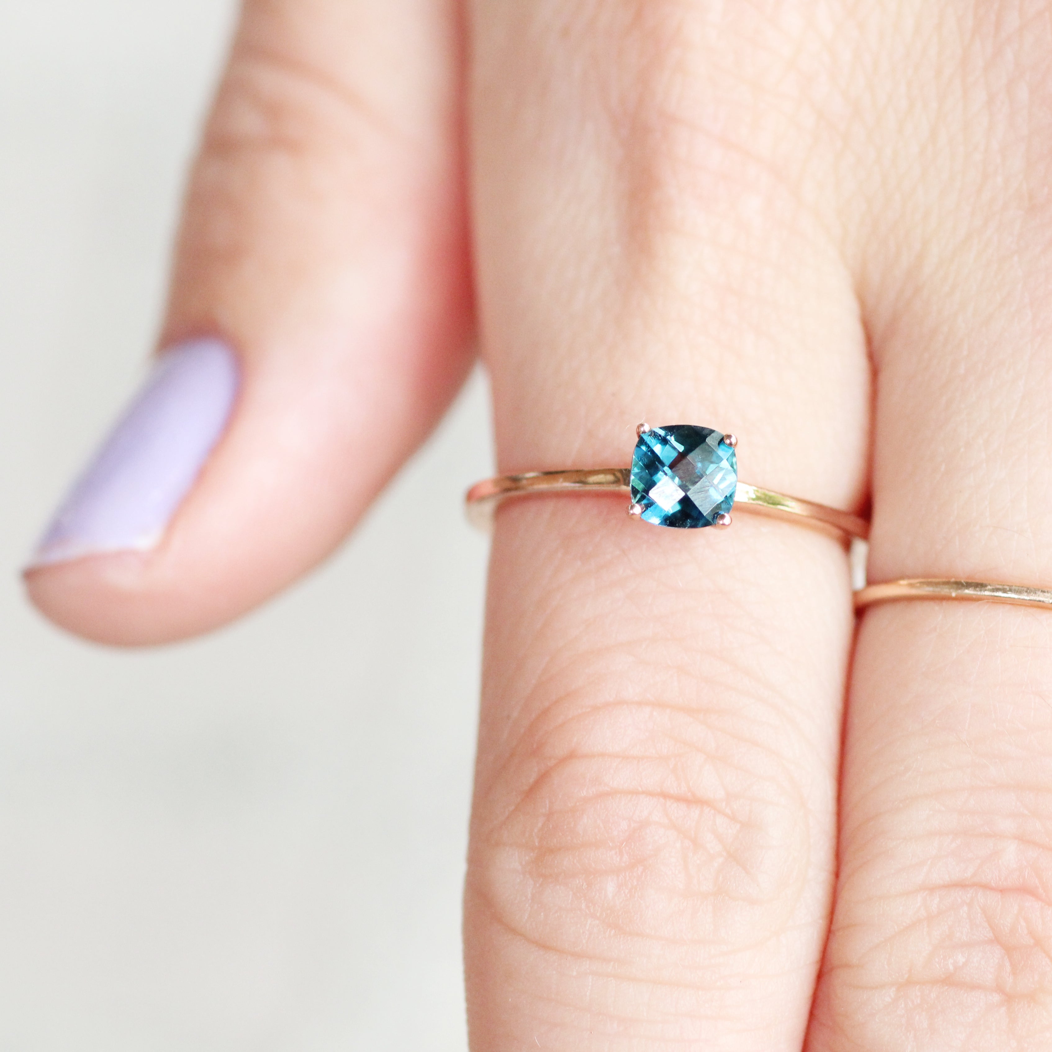 Cushion Cut London Blue Topaz Ring with Fancy Gallery and Diamond Halo in  18k white gold (GR-6112)
