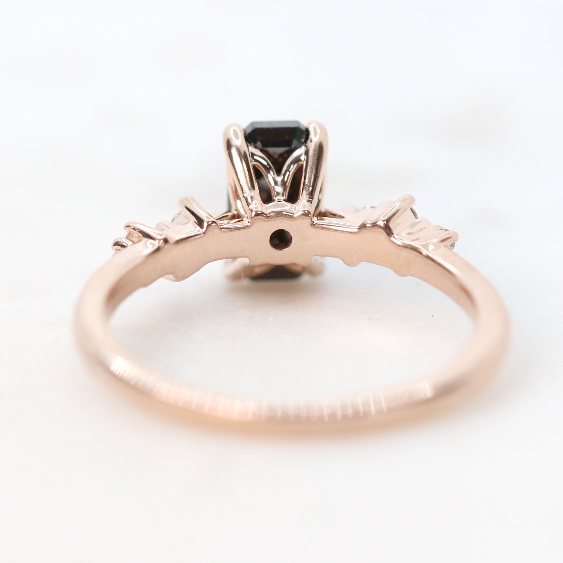 Zealan Ring with a 1.33 Carat Emerald Cut Black Celestial Diamond and White Accent Diamonds in 14k Rose Gold - Ready to Size and Ship - Midwinter Co. Alternative Bridal Rings and Modern Fine Jewelry