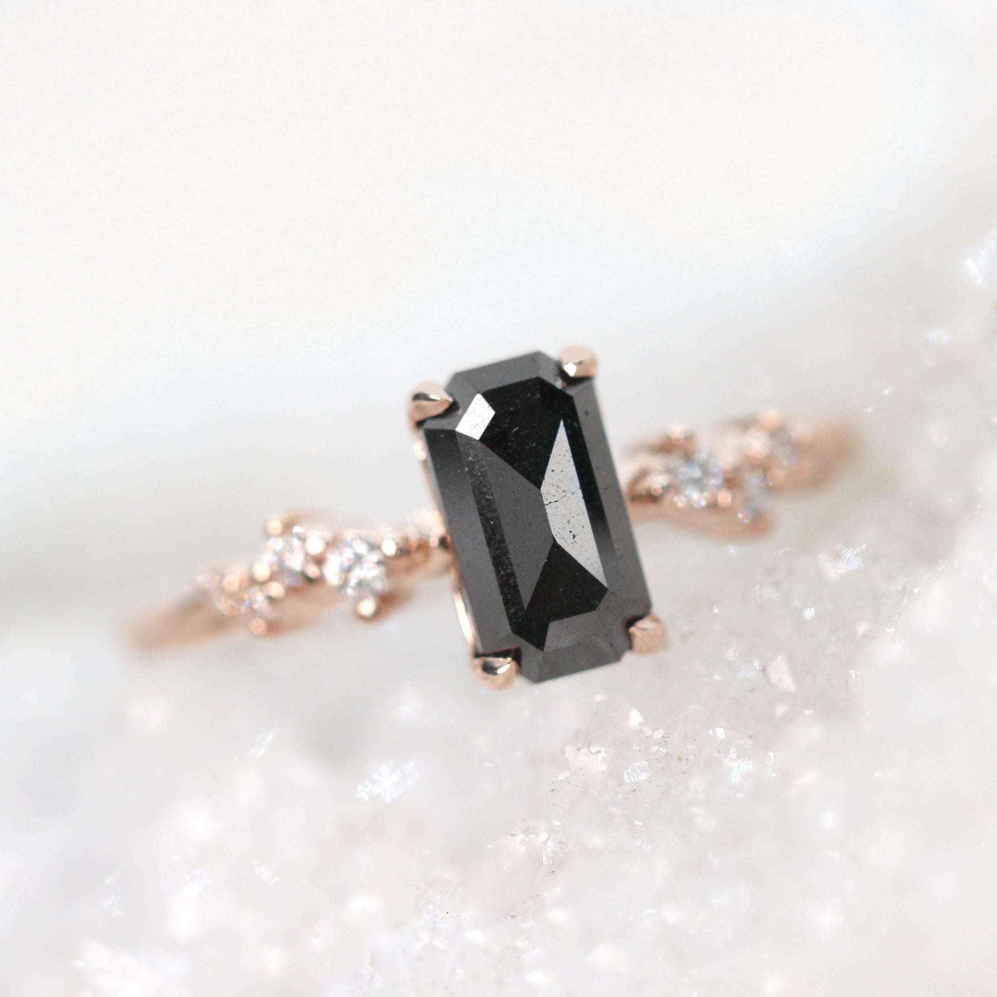 Zealan Ring with a 1.33 Carat Emerald Cut Black Celestial Diamond and White Accent Diamonds in 14k Rose Gold - Ready to Size and Ship - Midwinter Co. Alternative Bridal Rings and Modern Fine Jewelry