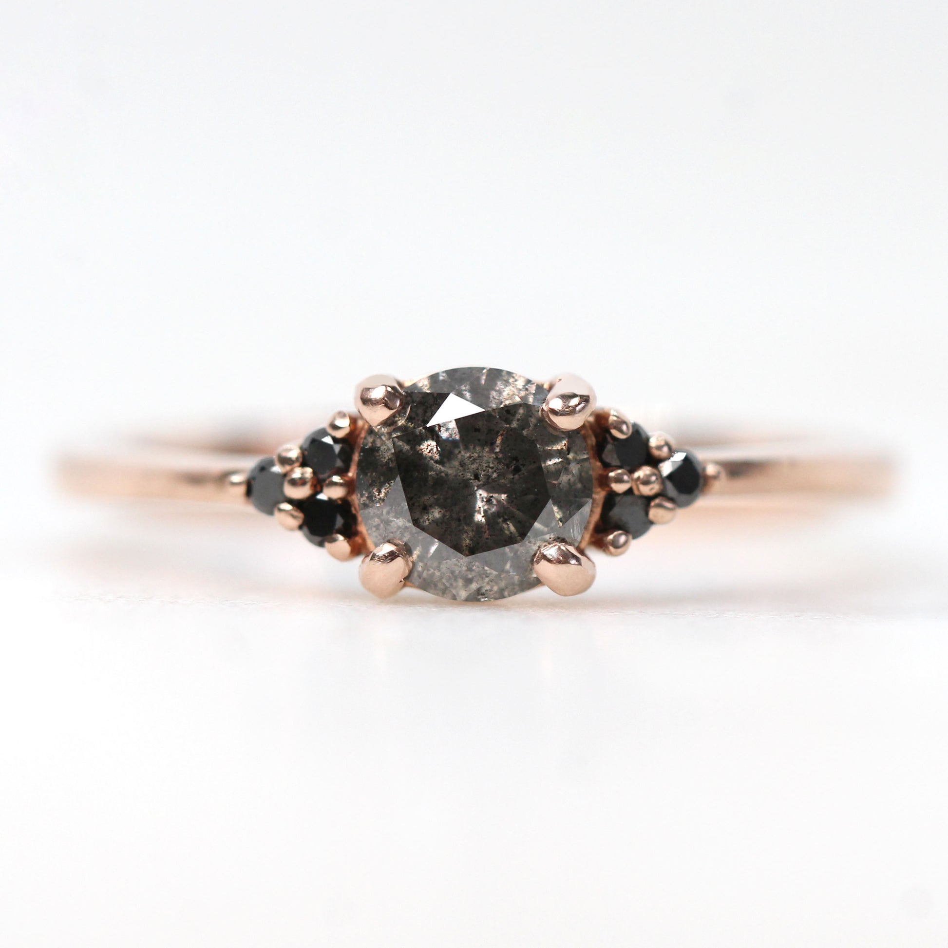 Imogene Ring with a 0.56 Carat Round Dark Gray Celestial Diamond and Black Accent Diamonds in 10k Rose Gold - Ready to Size and Ship - Midwinter Co. Alternative Bridal Rings and Modern Fine Jewelry