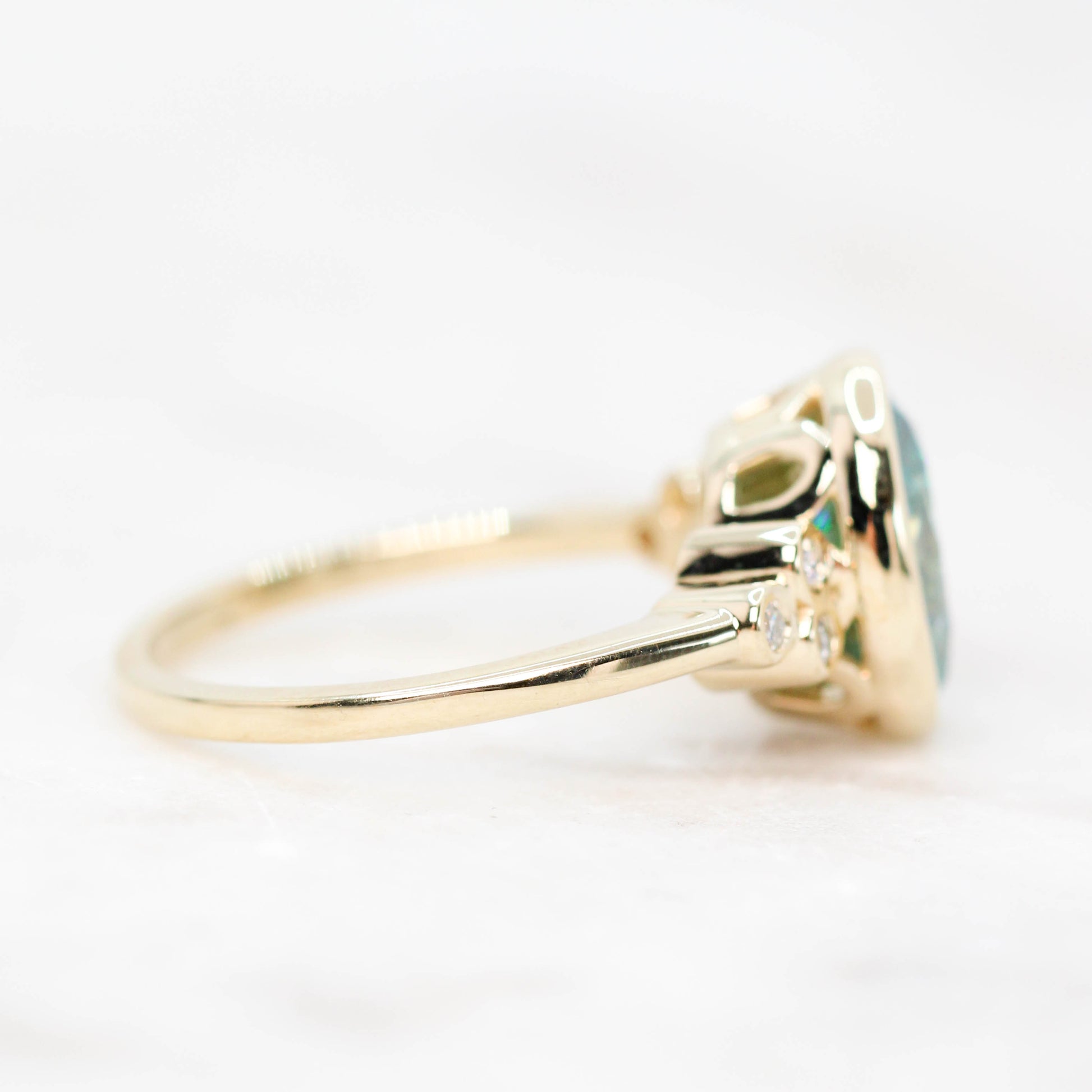 Sophia Ring with a 2.40 Carat Teal Oval Moissanite and Accent Diamonds in 14k Yellow Gold - Ready to Size and Ship - Midwinter Co. Alternative Bridal Rings and Modern Fine Jewelry