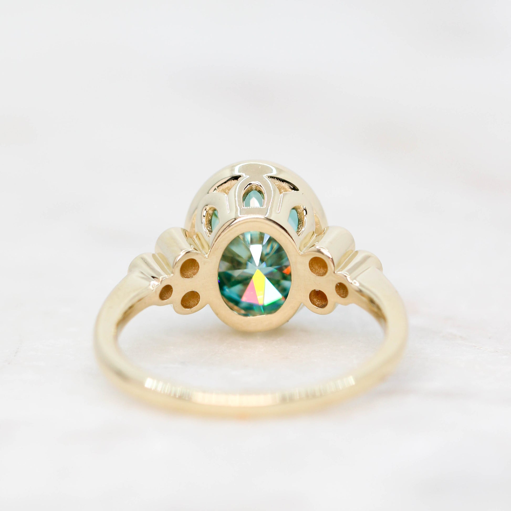 Sophia Ring with a 2.40 Carat Teal Oval Moissanite and Accent Diamonds in 14k Yellow Gold - Ready to Size and Ship - Midwinter Co. Alternative Bridal Rings and Modern Fine Jewelry