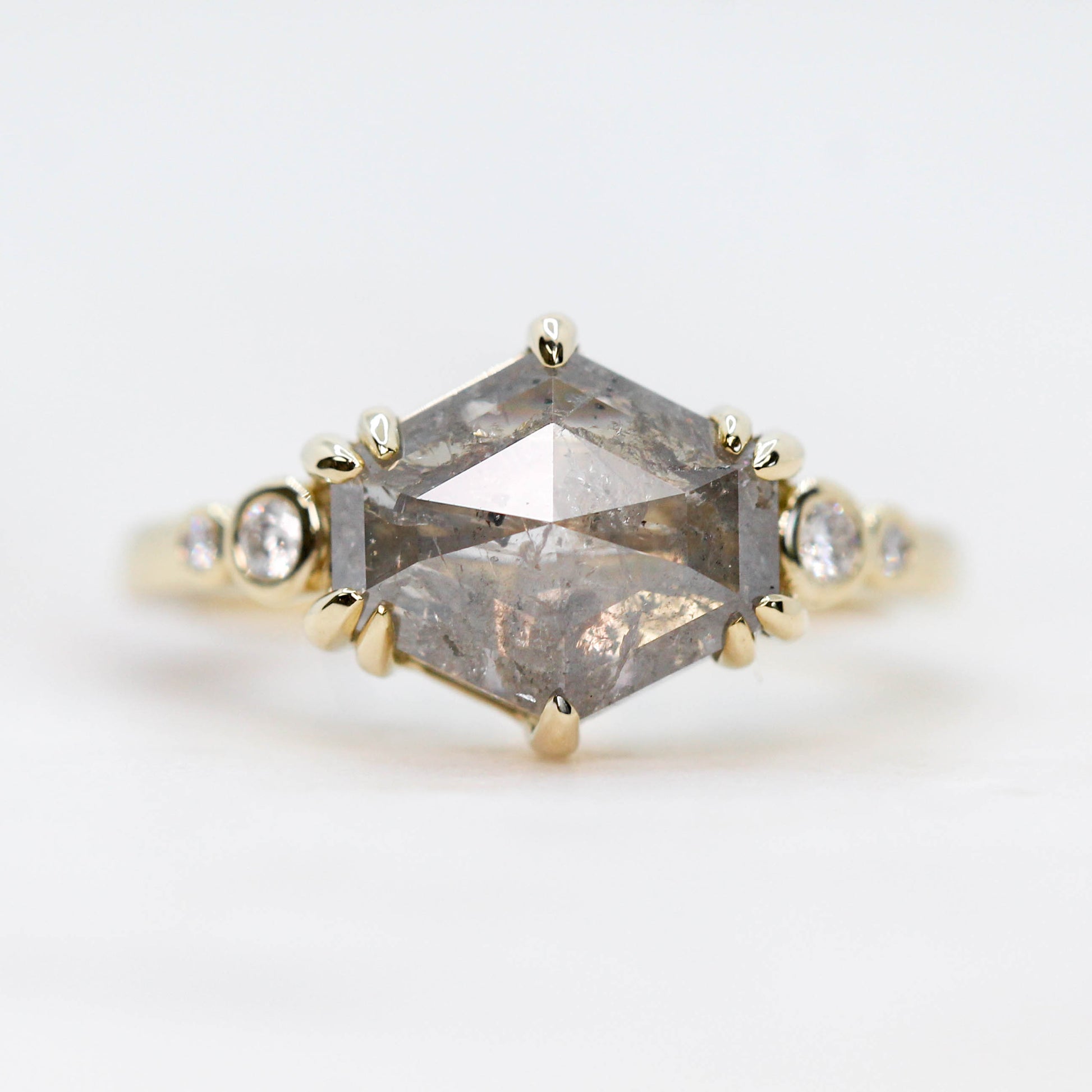 Joyce Ring with a 3.51 Carat Pale Gray Celestial Hexagon Diamond and White Accent Diamonds in 14k Yellow Gold - Ready to Size and Ship - Midwinter Co. Alternative Bridal Rings and Modern Fine Jewelry