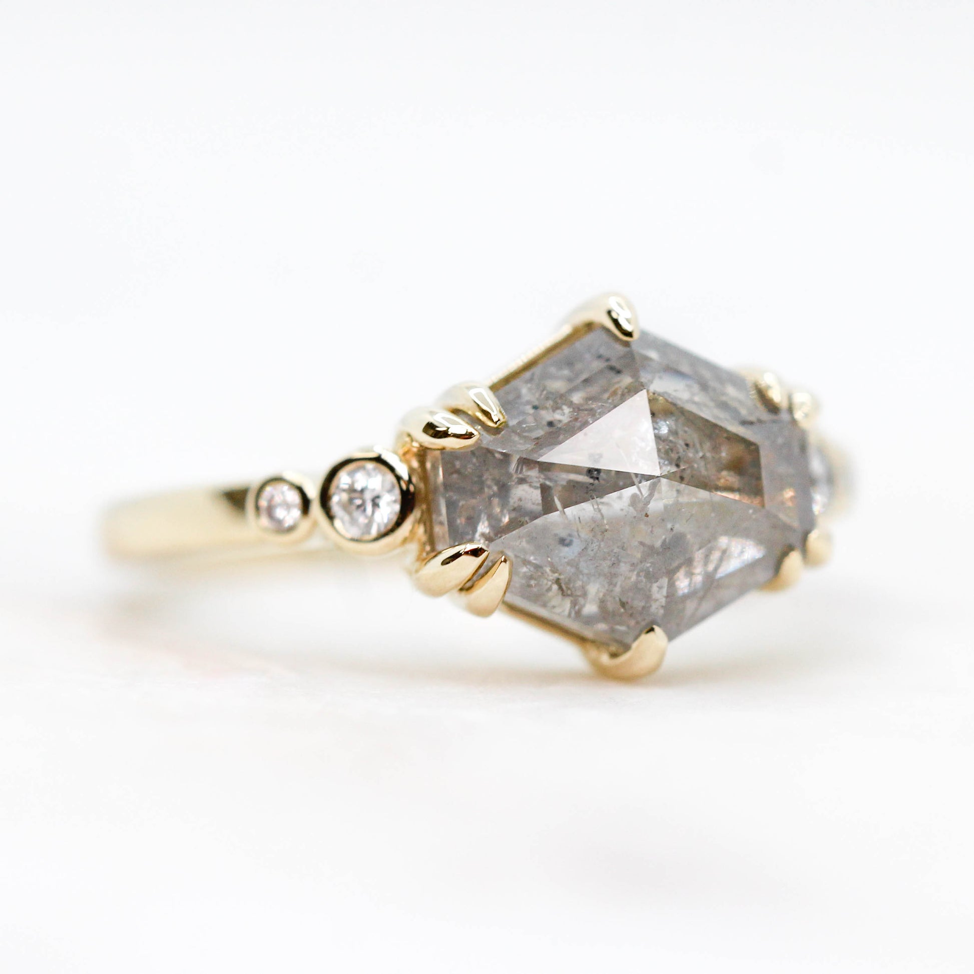 Joyce Ring with a 3.51 Carat Pale Gray Celestial Hexagon Diamond and White Accent Diamonds in 14k Yellow Gold - Ready to Size and Ship - Midwinter Co. Alternative Bridal Rings and Modern Fine Jewelry